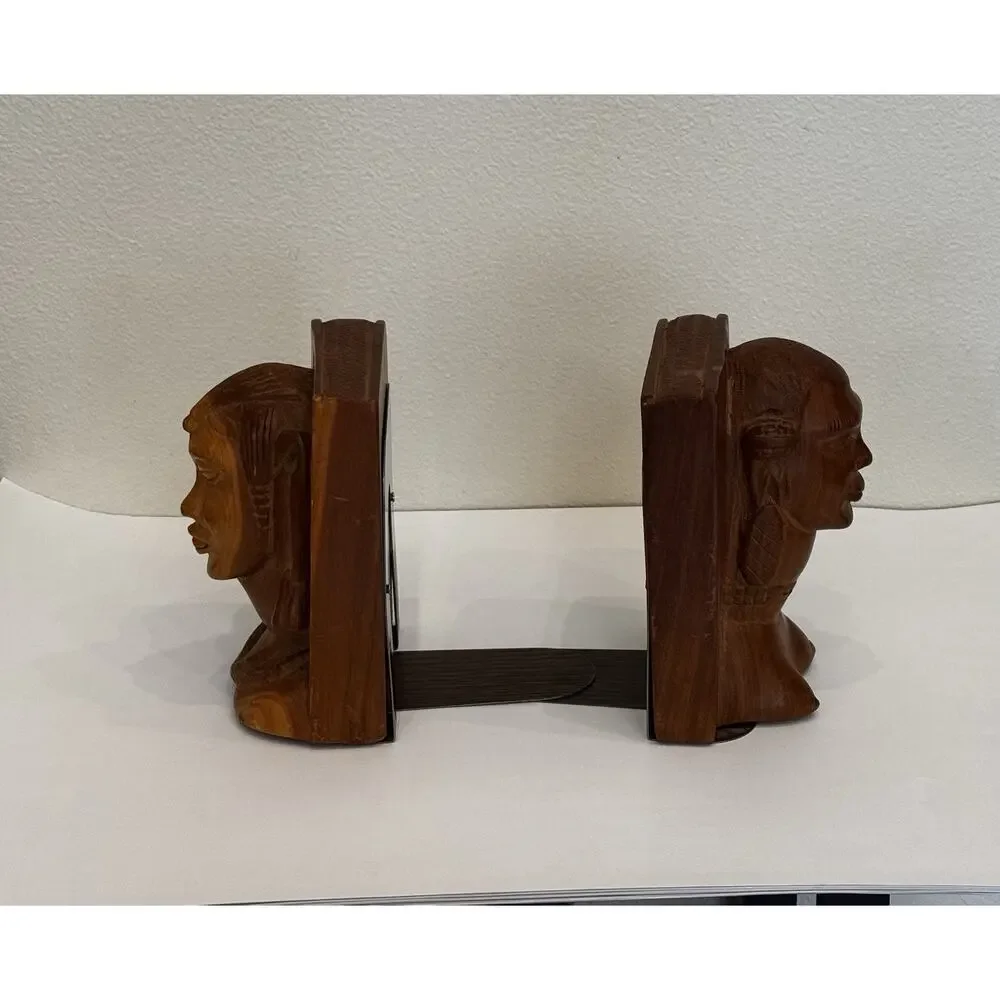 Vintage Hand Carved Wood Figural Bookends Tribal Busts Heavy Solid Vintage Decor